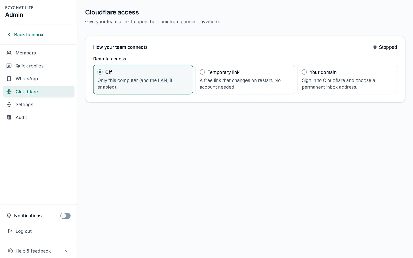 EzyChat Lite Admin, Cloudflare access page with three Remote access options: Off, Temporary link and Your domain.