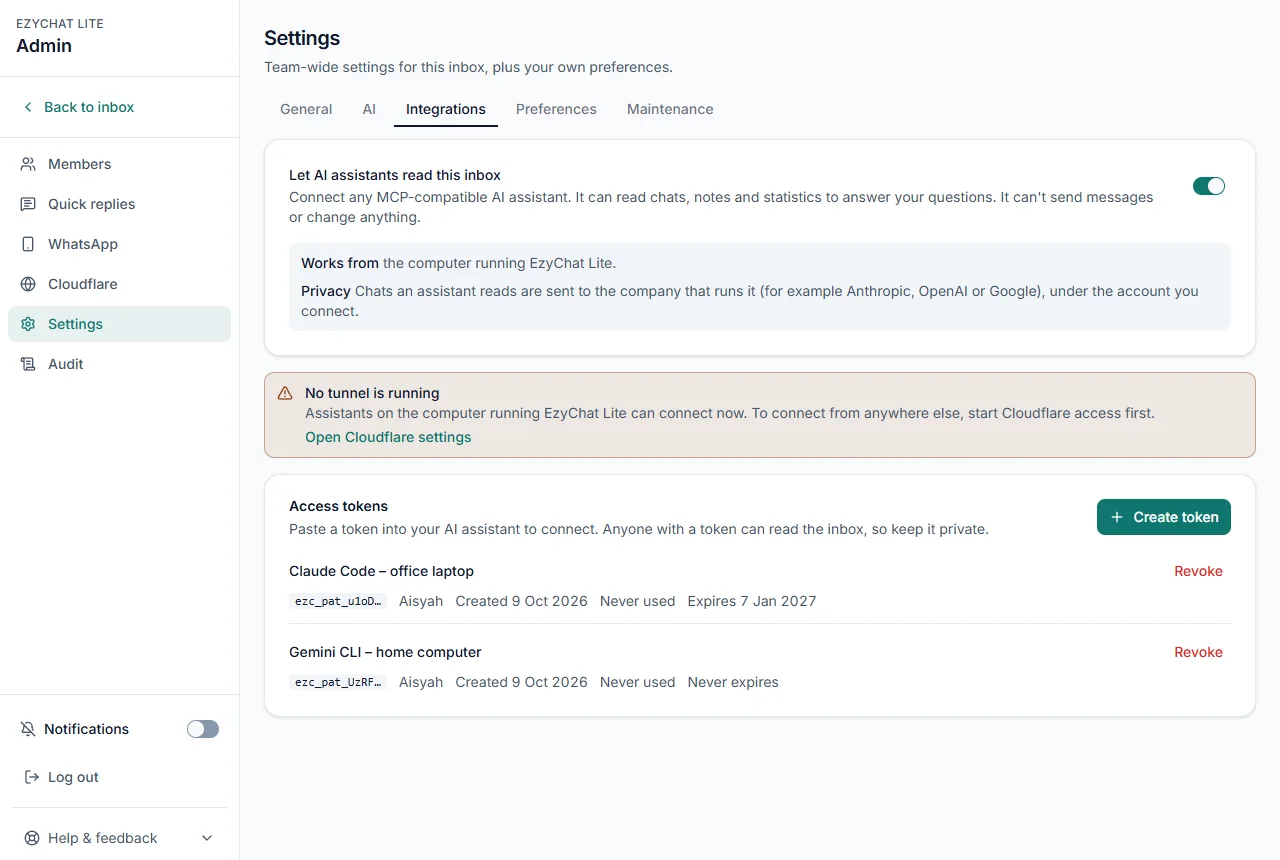 EzyChat Lite Admin, Settings, Integrations tab: the switch Let AI assistants read this inbox turned on, a note that no tunnel is running, and an Access tokens list with two tokens and Revoke buttons.