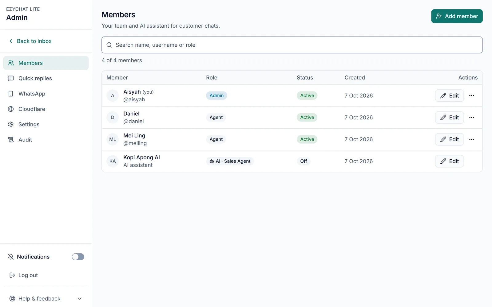 EzyChat Lite Admin, Members page: a table of team members with role, status and Edit buttons, and an Add member button.