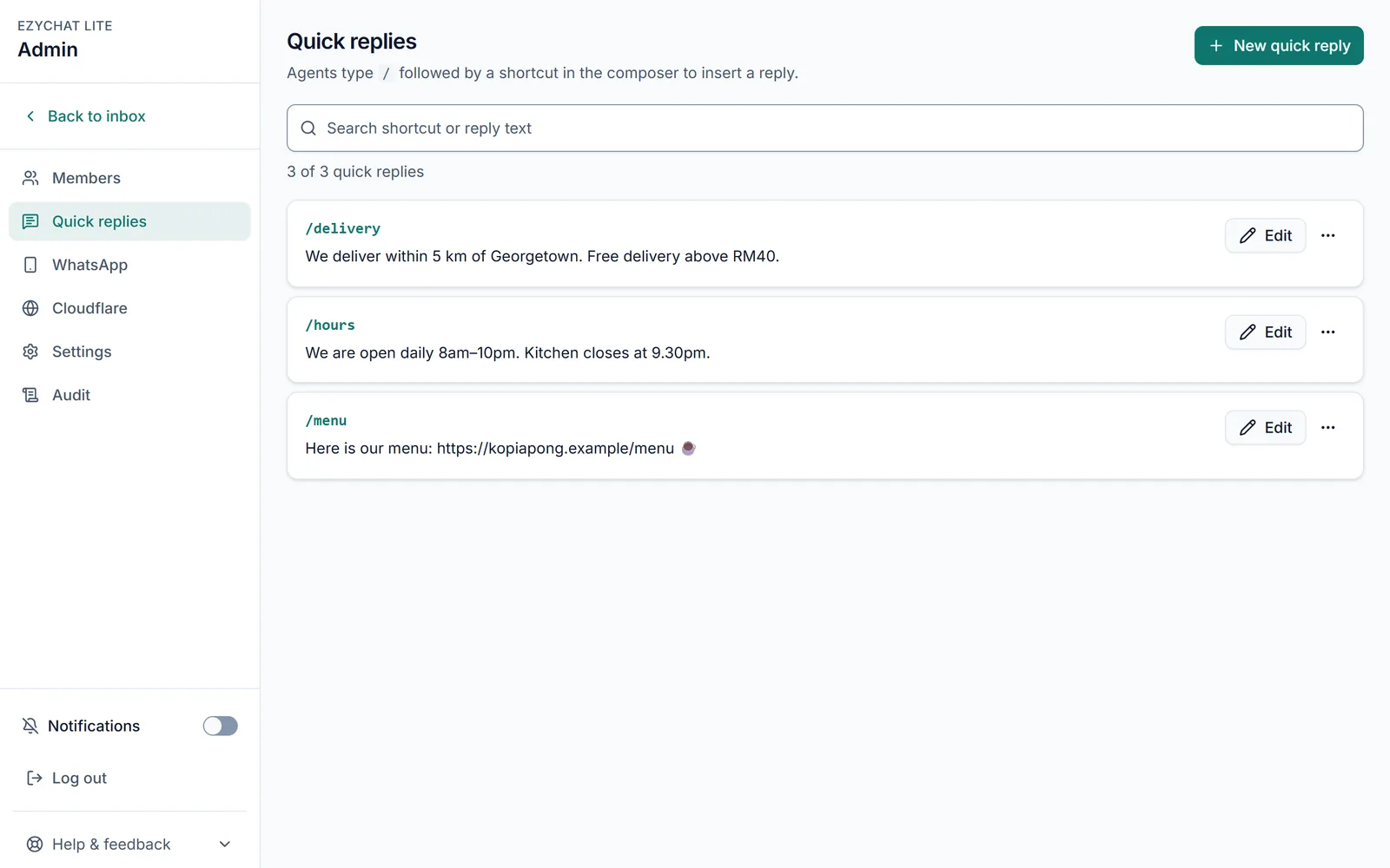 EzyChat Lite Admin, Quick replies page listing shortcuts such as /delivery, /hours and /menu with their reply text.