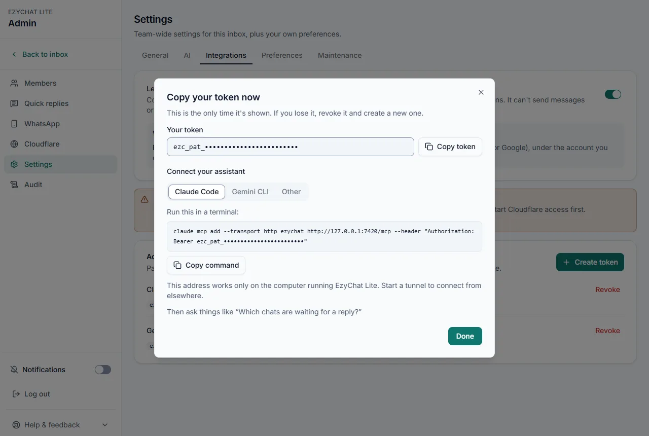 The Copy your token now dialog: the new token with a Copy token button, and Connect your assistant tabs for Claude Code, Gemini CLI and Other, showing a ready-made claude mcp add command.