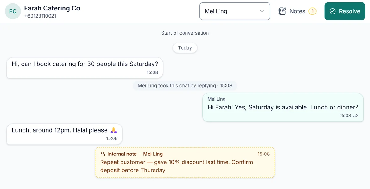 A WhatsApp chat in EzyChat Lite with an internal team note that the customer never sees